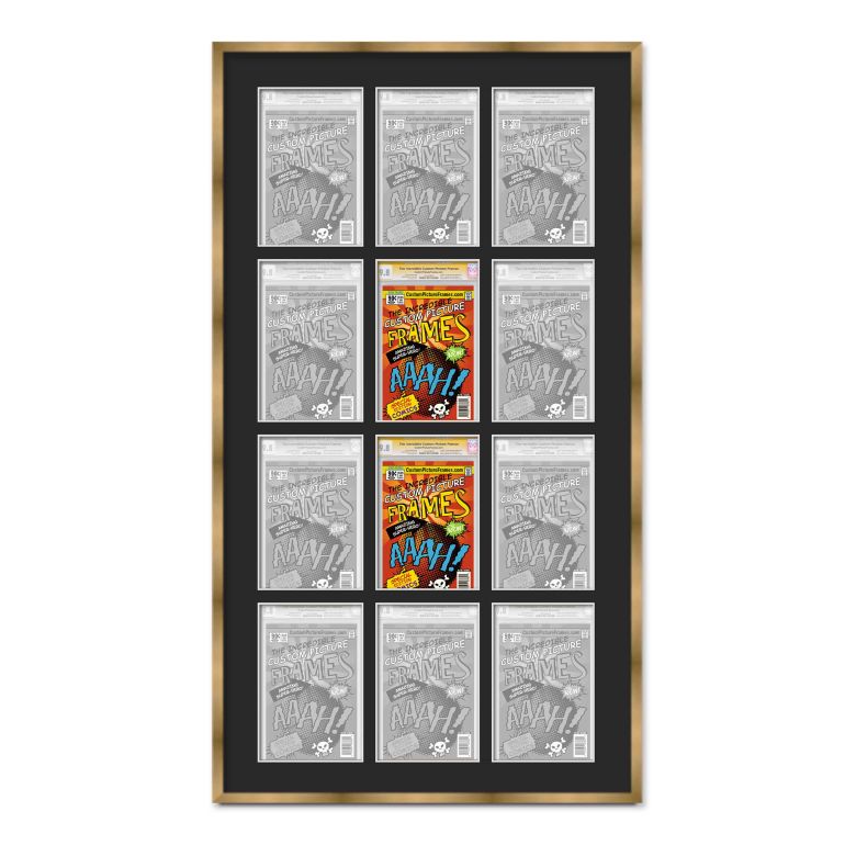 Gold Graded Comic Book Frame for 12 Comic Books with Black Mat