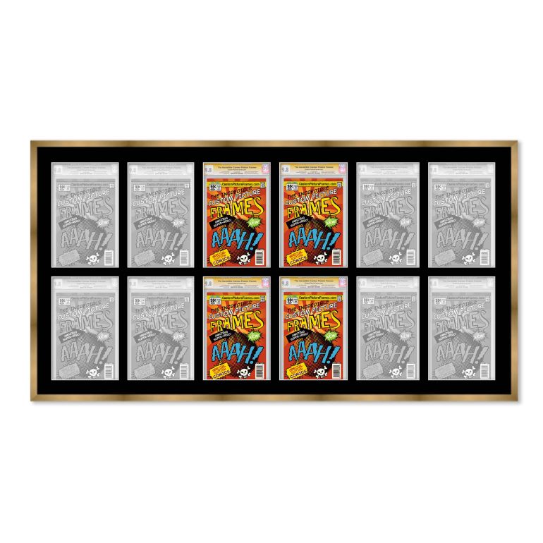 Gold Graded Comic Book Frame for 12 Comic Books with Black Mat