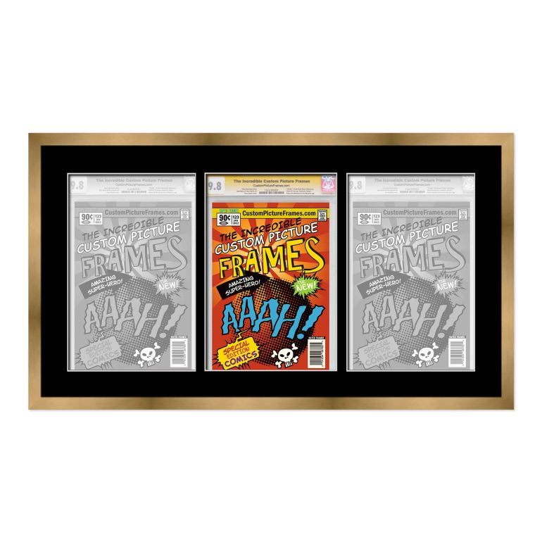 Gold Graded Comic Book Frame for 3 Comic Books with Black Mat