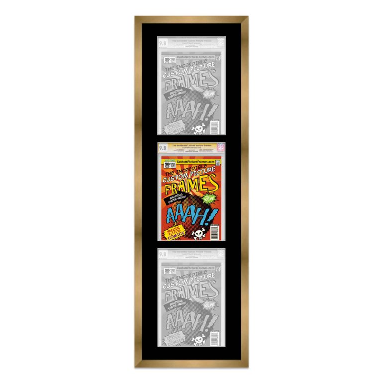 Gold Graded Comic Book Frame for 3 Comic Books with Black Mat