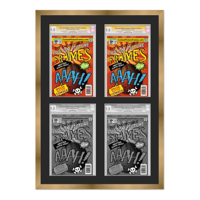 Gold 2x2 Graded Comic Book Frame for 4 Comic Books with Black Mat