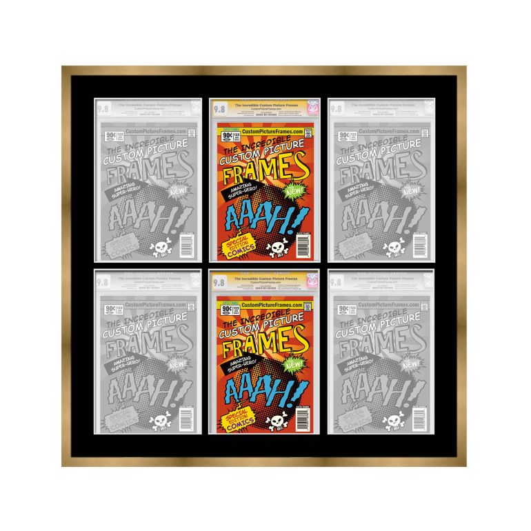 Gold Graded Comic Book Frame for 6 Comic Books with Black Mat