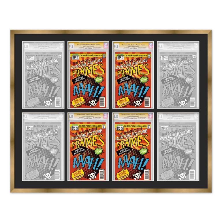 Gold Graded Comic Book Frame for 8 Comic Books with Black Mat