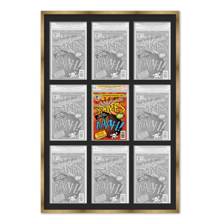 Gold Graded Comic Book Frame for 9 Comic Books with Black Mat