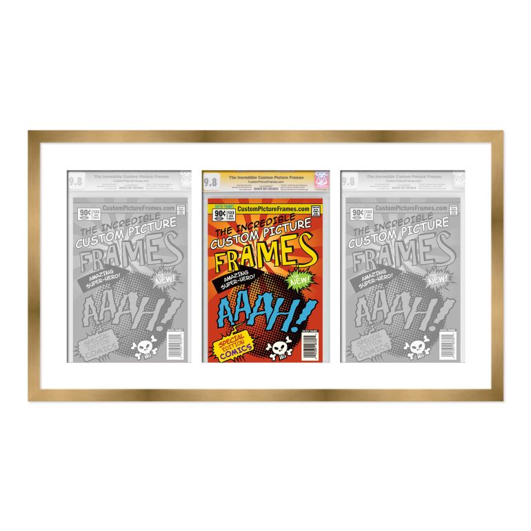 Gold Graded Comic Book Frame for 3 Comic Books with White Mat