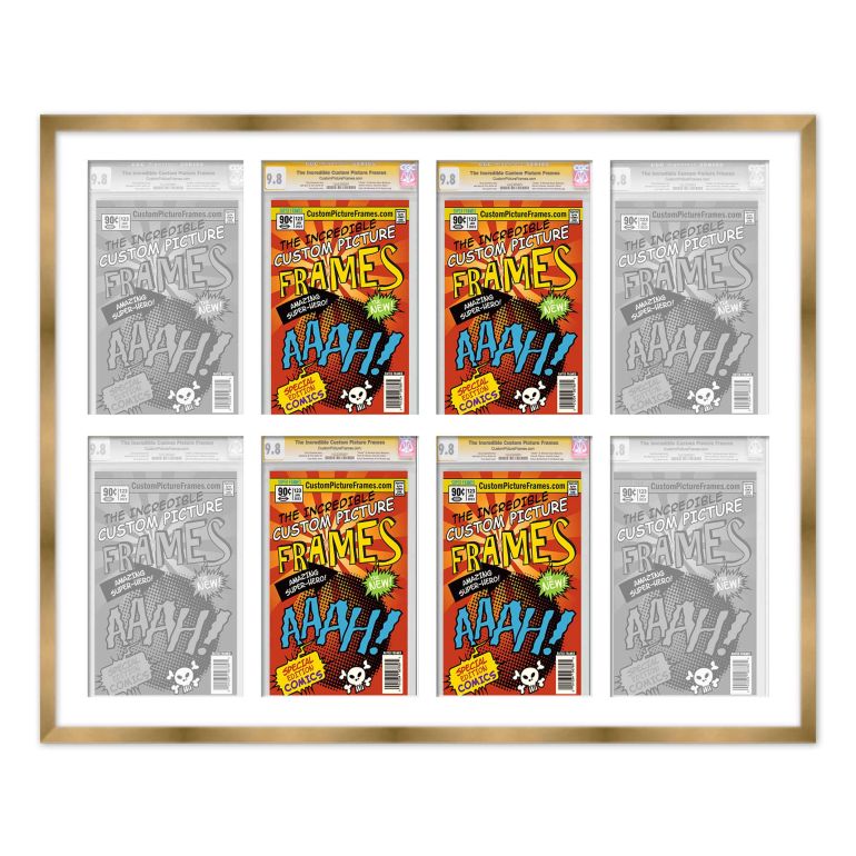 Gold Graded Comic Book Frame for 8 Comic Books with White Mat