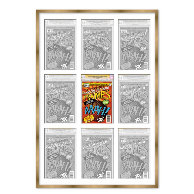 Gold Graded Comic Book Frame for 9 Comic Books with White Mat