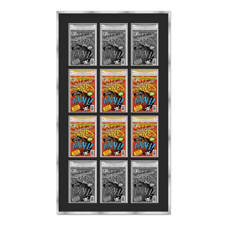 Silver Graded Comic Book Frame for 12 Comic Books with Black Mat