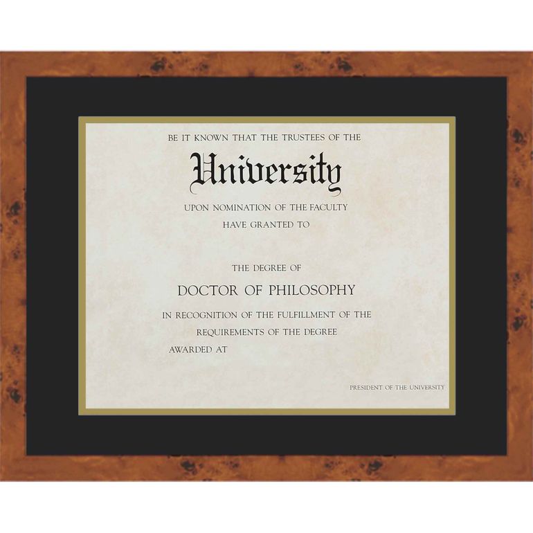 15.75x20 Burl Wood Diploma Frame with Black on Gold Double Mat for 11.75x16 Degrees