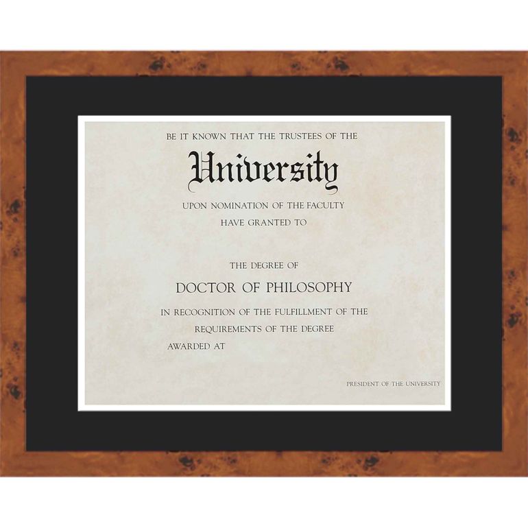 16x19 Burl Wood Diploma Frame with Black on White Double Mat for 12x15 Degrees