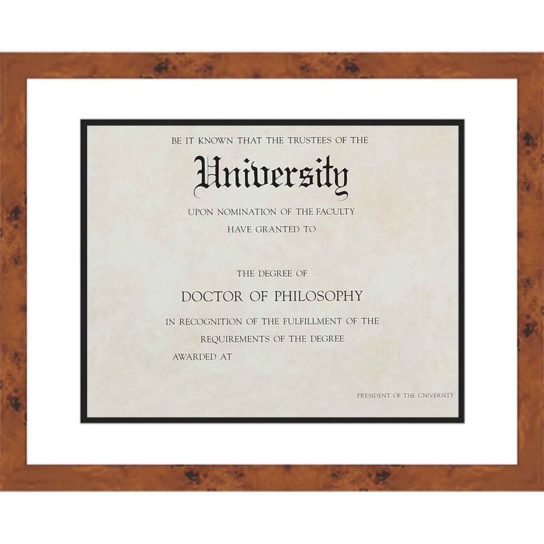 16x19 Burl Wood Diploma Frame with White on Black Double Mat for 12x15 Degrees