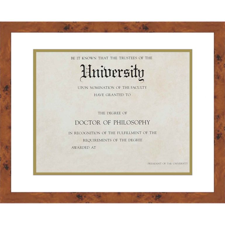 11.5x13.5 Burl Wood Diploma Frame with White on Gold Double Mat for 7.5x9.5 Degrees