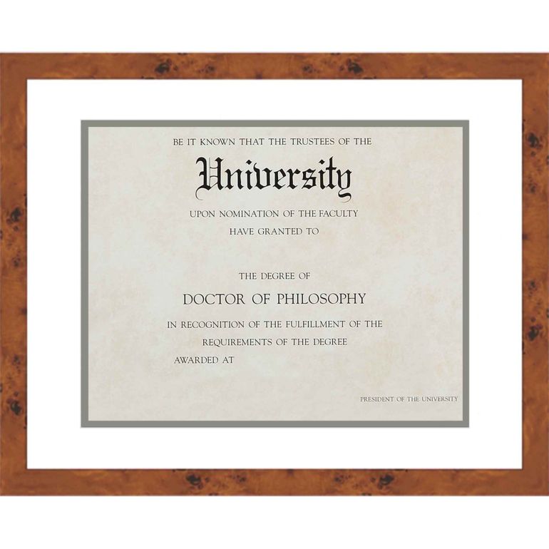 16x19 Burl Wood Diploma Frame with White on Silver Double Mat for 12x15 Degrees