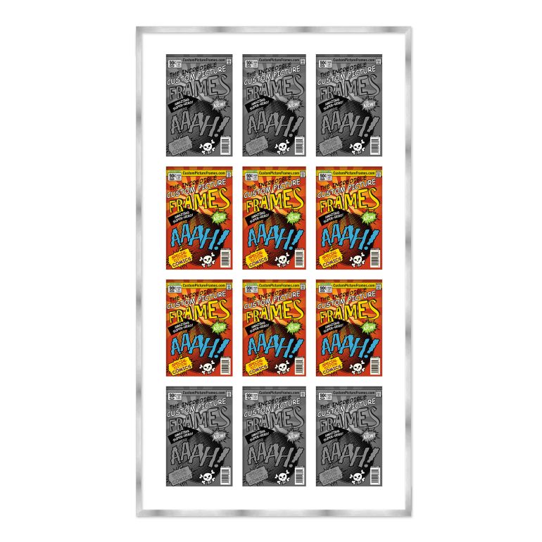 Silver Comic Book Frame for 12 Comic Books with White Mat for Silver Age (Published Between 1956 and 1970) Comic Books