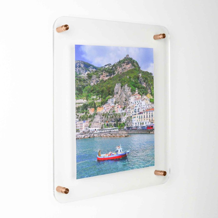 16x16 Floating Acrylic Frame with Copper Standoff Wall Hardware
