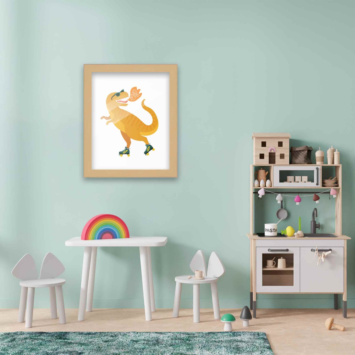 8x10 Framed Art Dinosaur TRex Skating Poster in Black Wood Frame